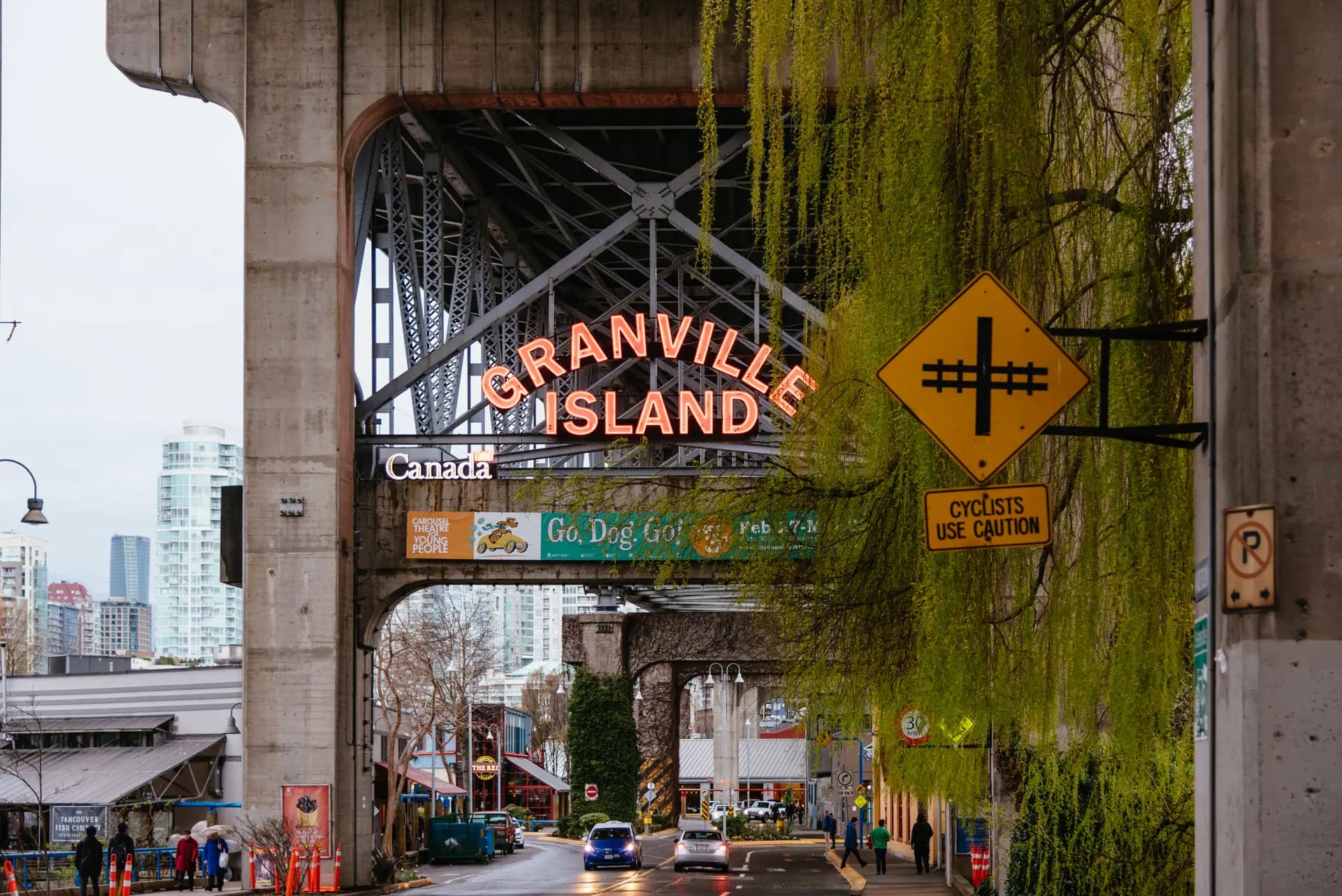 Granville Island entrance beneath the Granville Bridge