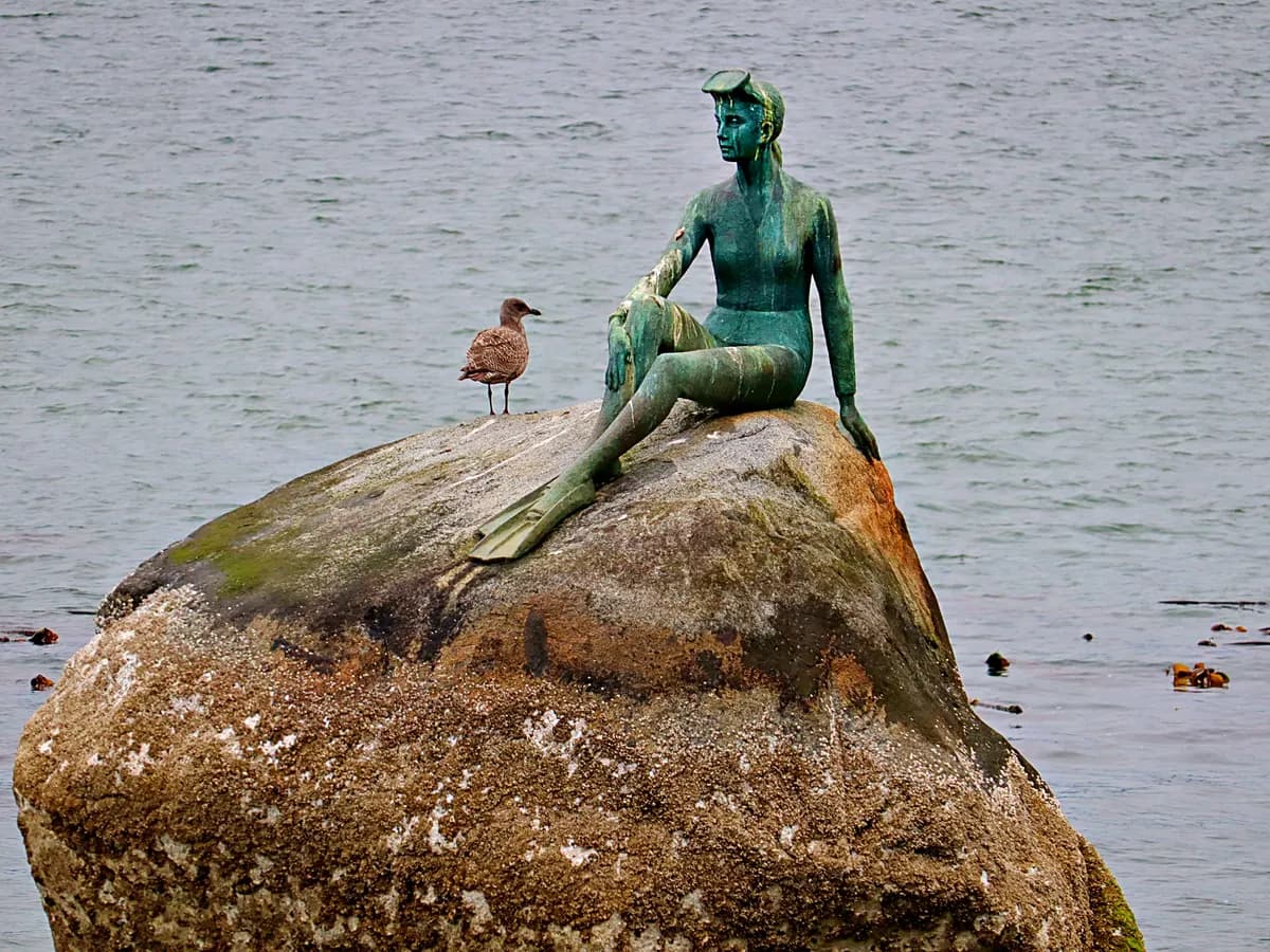 The bronze Girl in a Wet Suit sculpture on her rock in the water, with a gull beside her
