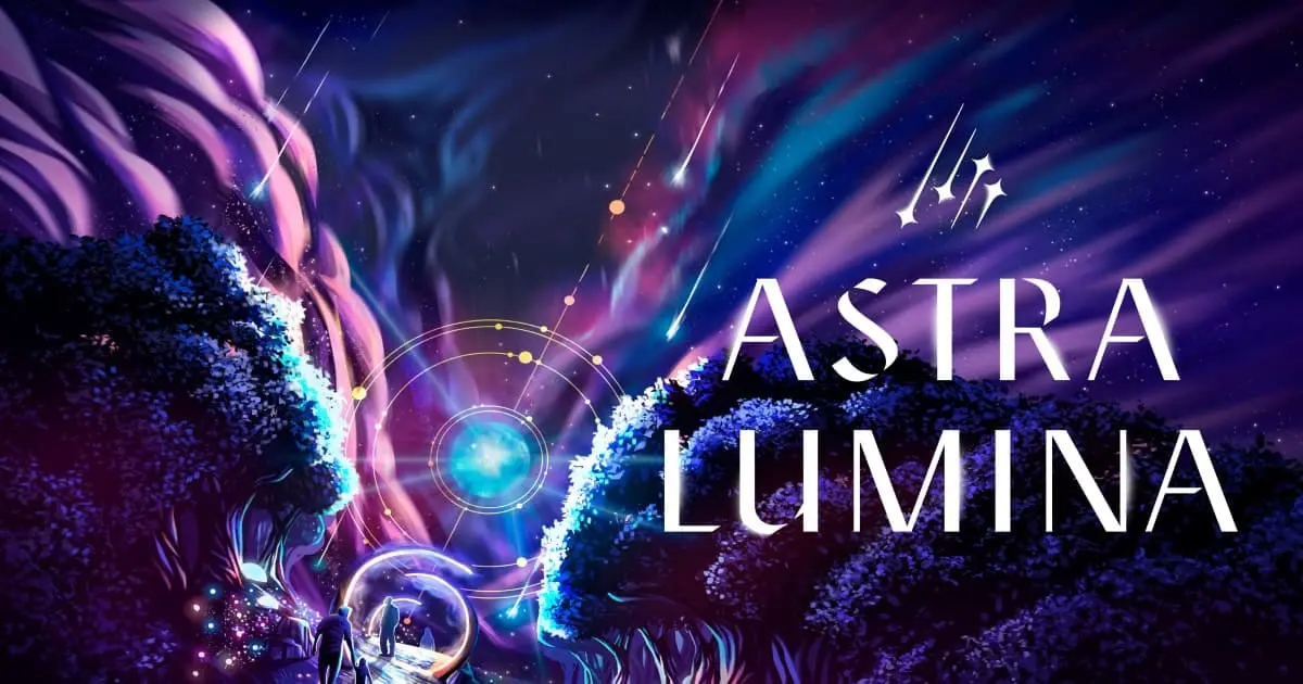 Astra Lumina nighttime light installation in Stanley Park featuring purple and blue projections, glowing foliage, and cosmic visual effects