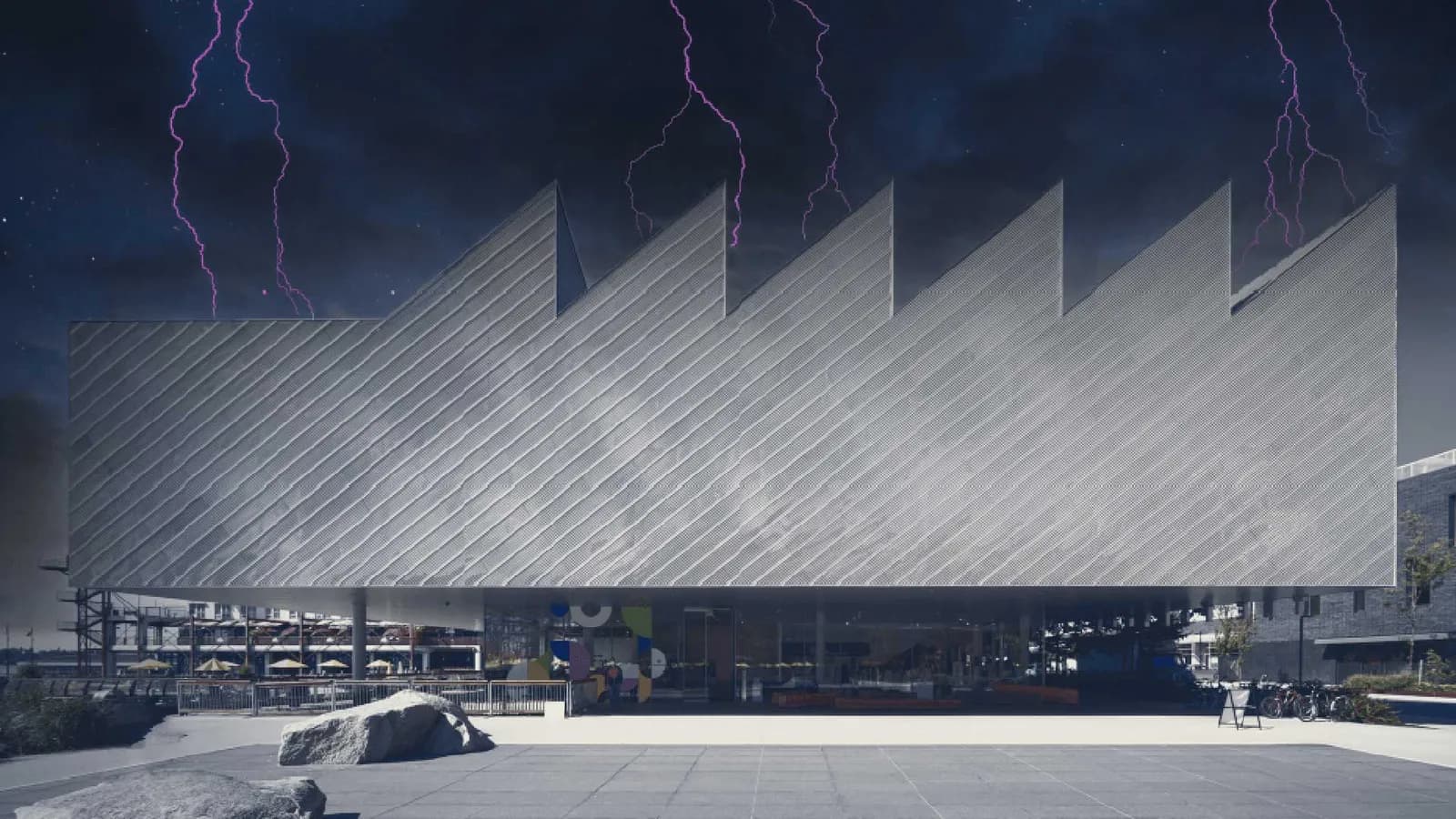 The Polygon Gallery's sawtooth roofline under a night sky with purple lightning, the gallery's own Halloween artwork