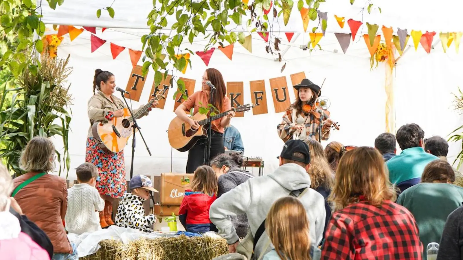 Bluegrass musicians perform on a hay-bale stage with bunting, surrounded by visitors in autumn clothing at VanDusen Botanical Garden's Harvest Days festival.