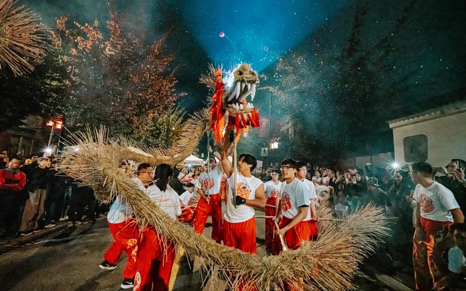 Organizer photograph from an earlier Fire Dragon Festival in Vancouver Chinatown showing performers with the fire dragon and crowd