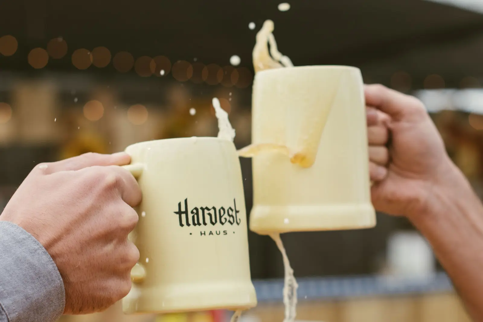 Harvest Haus branded beer steins in an archival organizer photograph, not the upcoming October event