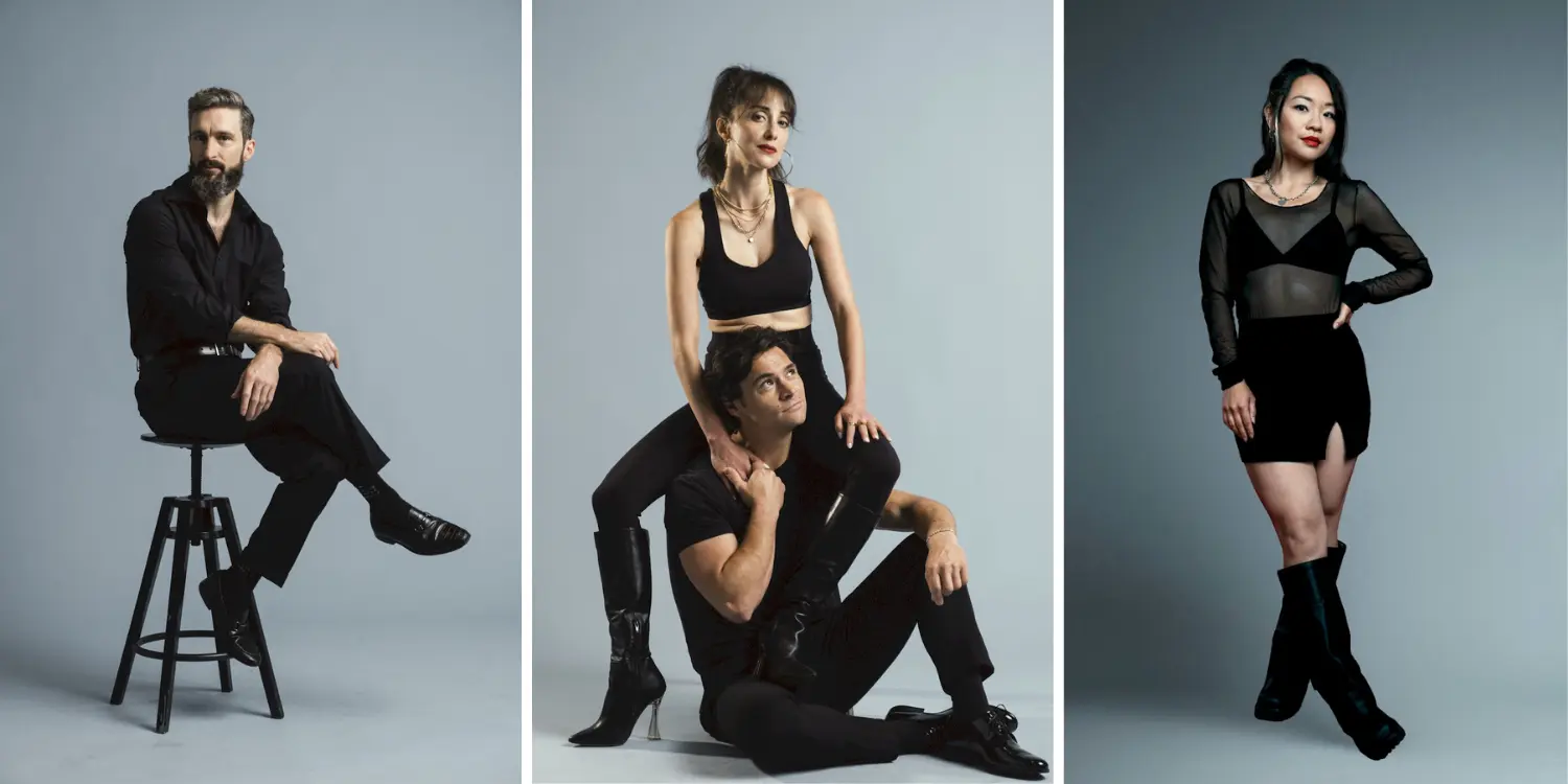 HEIST cast promotional portraits, not a performance photograph: Charlie Gallant left; Alexandra Lainfiesta and Tainui Kuru centre; Jennifer Tong right.