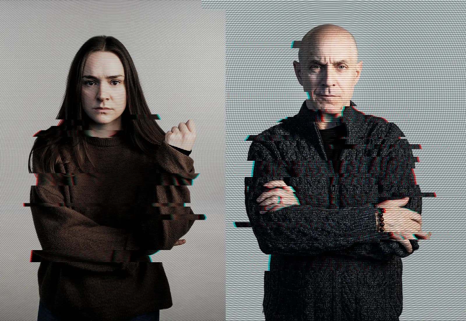 Official promotional photograph for JOB at The Cultch, showing two cast members with a digital distortion effect