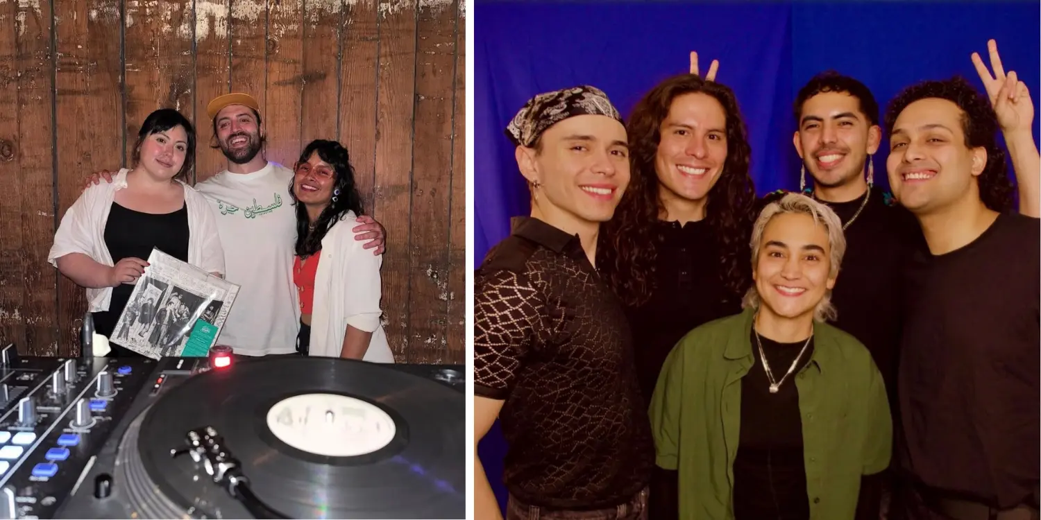 A composite photo of people at DJ equipment beside a group posing together, representing Trópico Norte and Salseo, featured at VLACC's I Like It Like That event